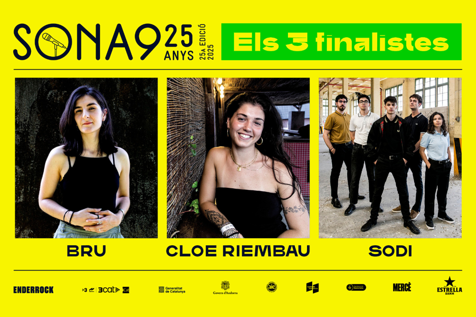 Els tres finalistes del Sona9 2025: Bru, Cloe Riembau i Sodi