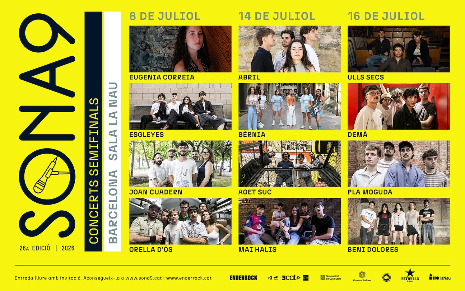 Els dotze artistes actuaran en les tres semifinals del concurs Sona9